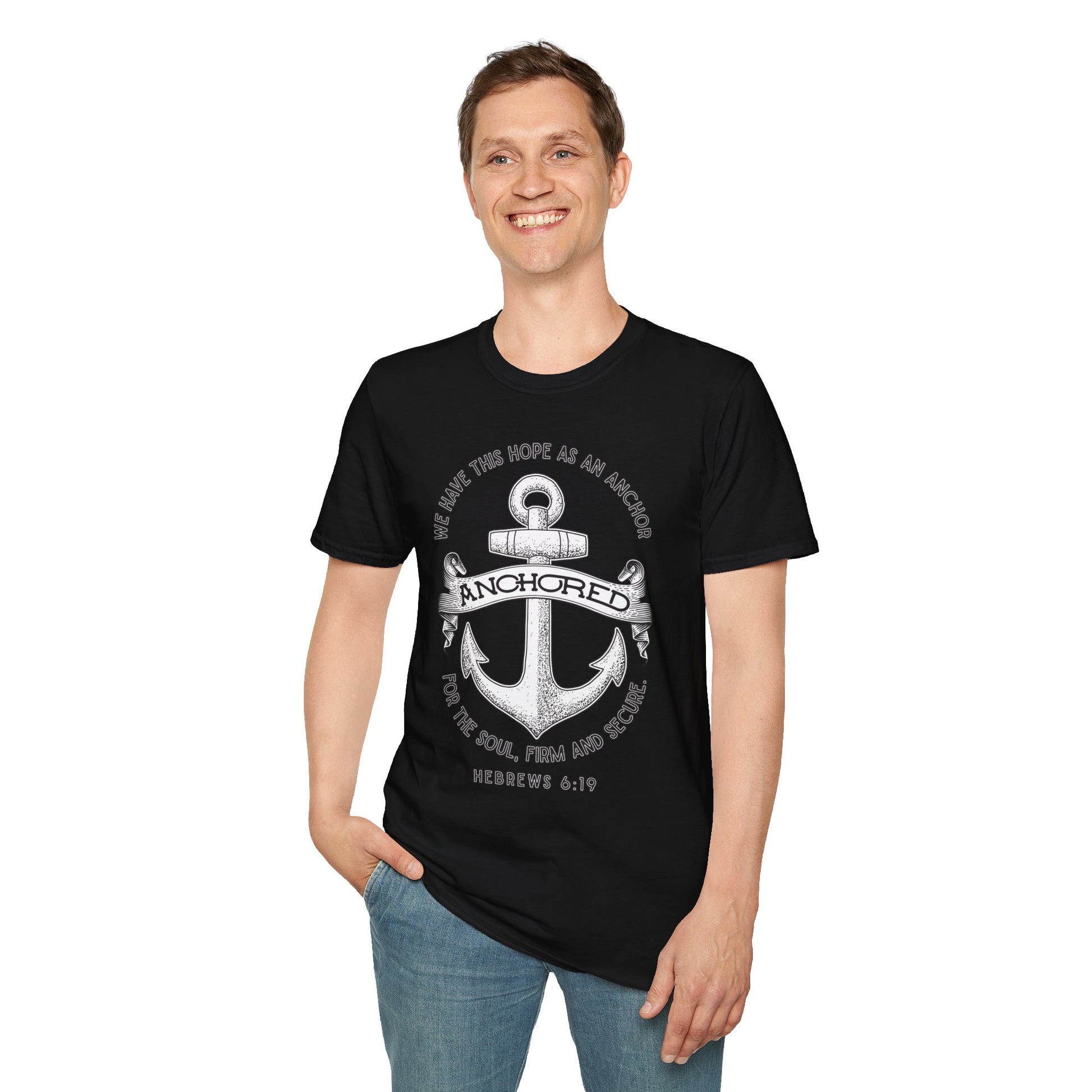 Anchored Shirt – Hebrews 6:19 Christian Nautical Tee Unisex Softstyle T-Shirt, Inspirational Shirt, Faith Apparel, Christian Gift, Bible Verse Tee, Casual Wear