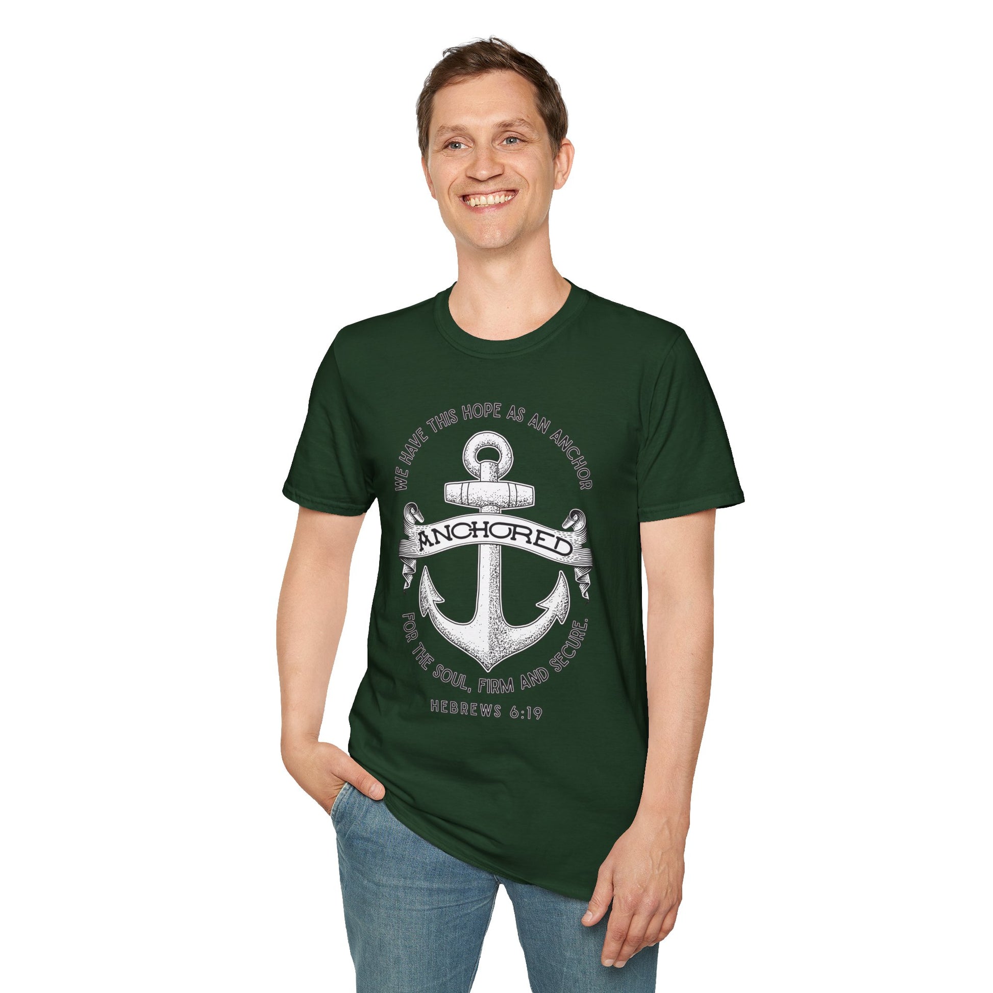Anchored Shirt – Hebrews 6:19 Christian Nautical Tee Unisex Softstyle T-Shirt, Inspirational Shirt, Faith Apparel, Christian Gift, Bible Verse Tee, Casual Wear