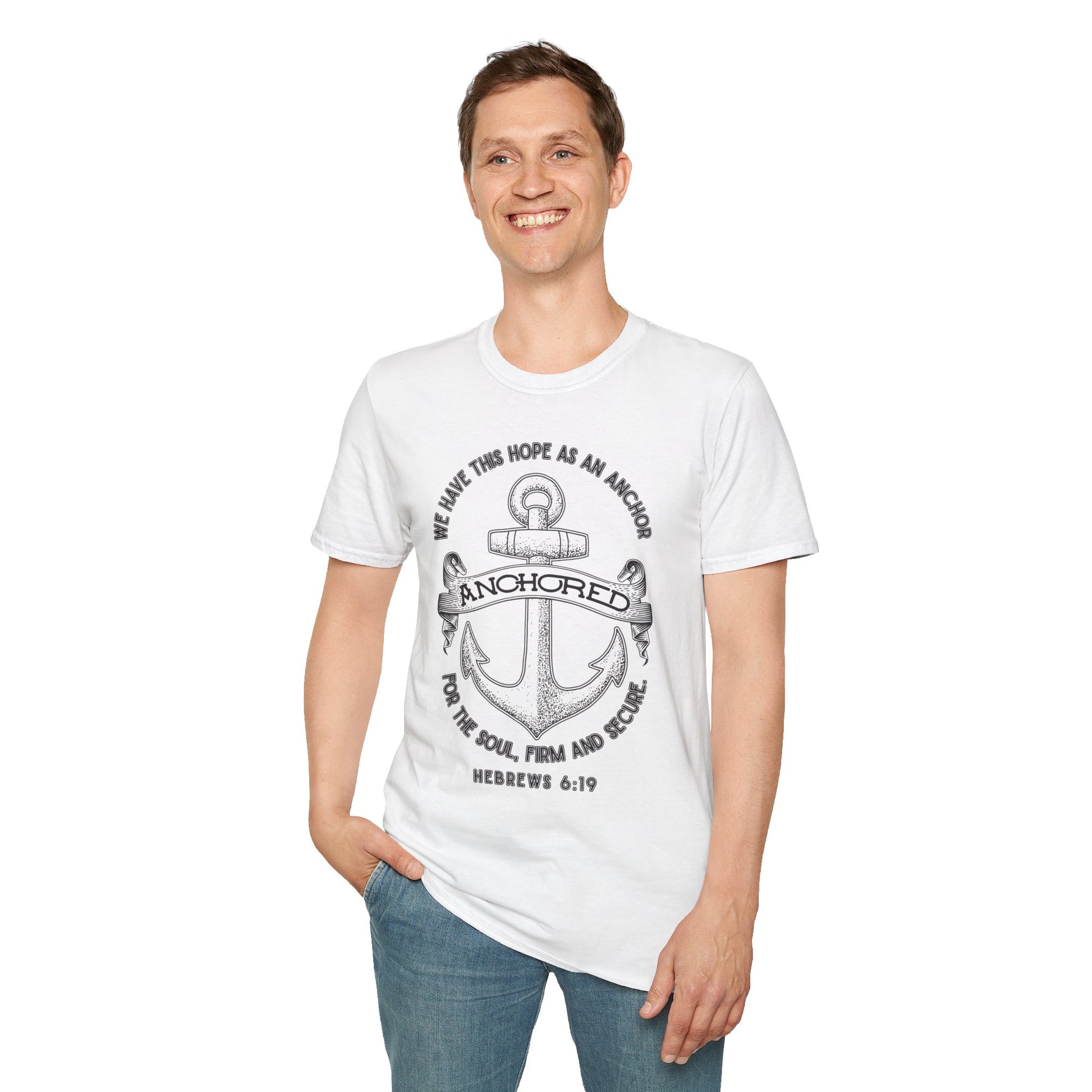 Anchored Shirt – Hebrews 6:19 Christian Nautical Tee Unisex Softstyle T-Shirt, Inspirational Shirt, Faith Apparel, Christian Gift, Bible Verse Tee, Casual Wear