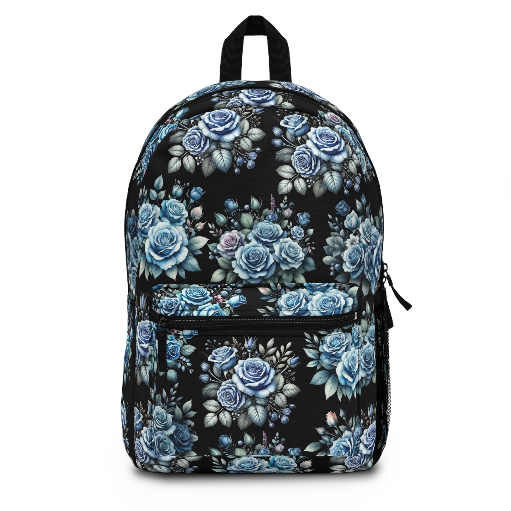 Vintage Blue Flowers, Floral Backpack - Stylish School Bag, Trendy Floral Rucksack, Artistic Travel Tote, Gift for Her, Black Background