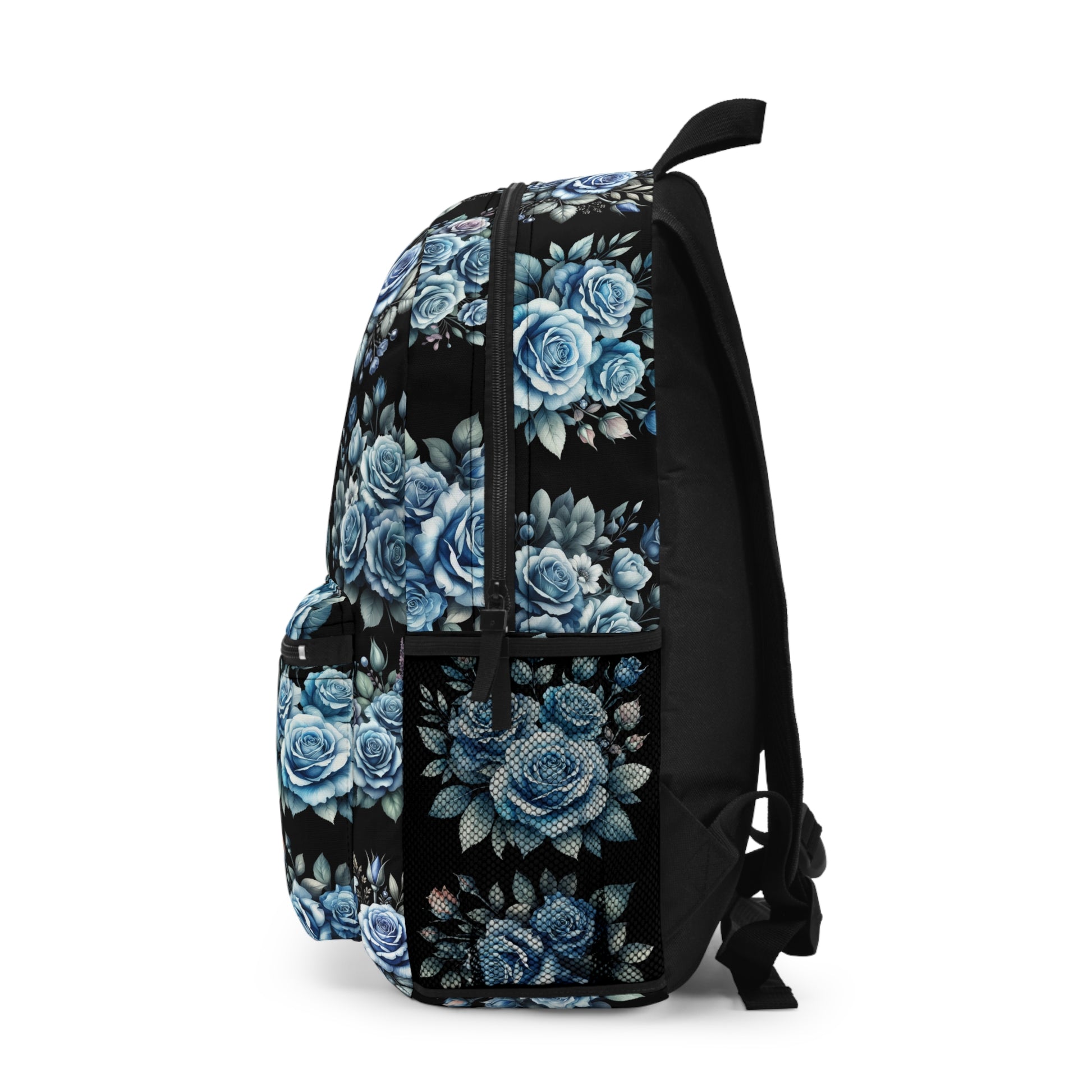 Vintage Blue Flowers, Floral Backpack - Stylish School Bag, Trendy Floral Rucksack, Artistic Travel Tote, Gift for Her, Black Background