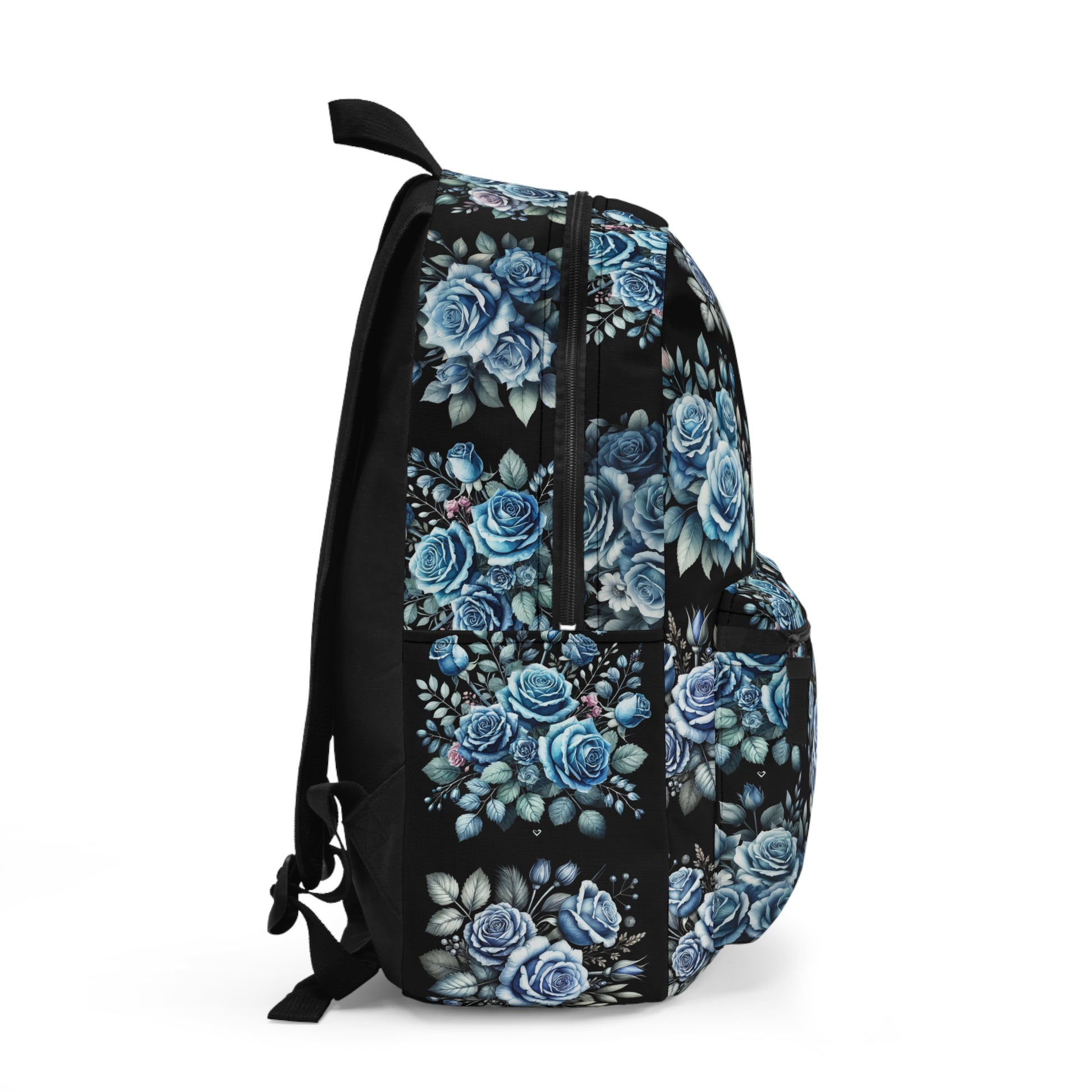 Vintage Blue Flowers, Floral Backpack - Stylish School Bag, Trendy Floral Rucksack, Artistic Travel Tote, Gift for Her, Black Background