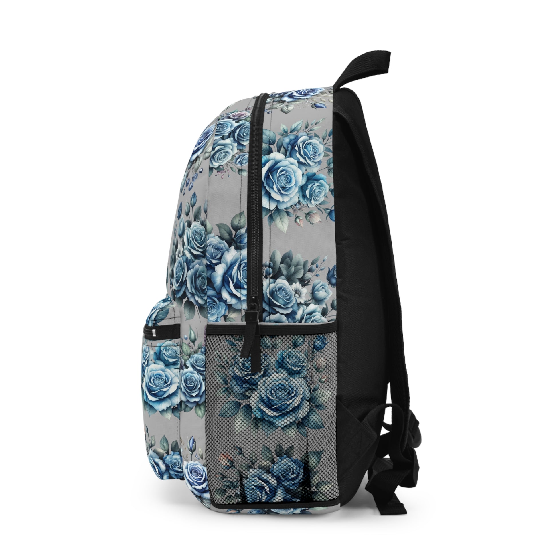 Vintage Blue Flowers, Floral Backpack - Stylish School Bag, Trendy Floral Rucksack, Artistic Travel Tote, Gift for Her, Grey Background