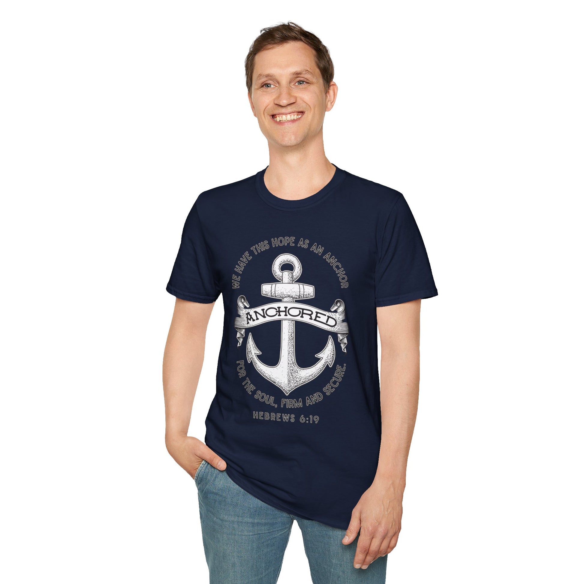 Anchored Shirt – Hebrews 6:19 Christian Nautical Tee Unisex Softstyle T-Shirt, Inspirational Shirt, Faith Apparel, Christian Gift, Bible Verse Tee, Casual Wear
