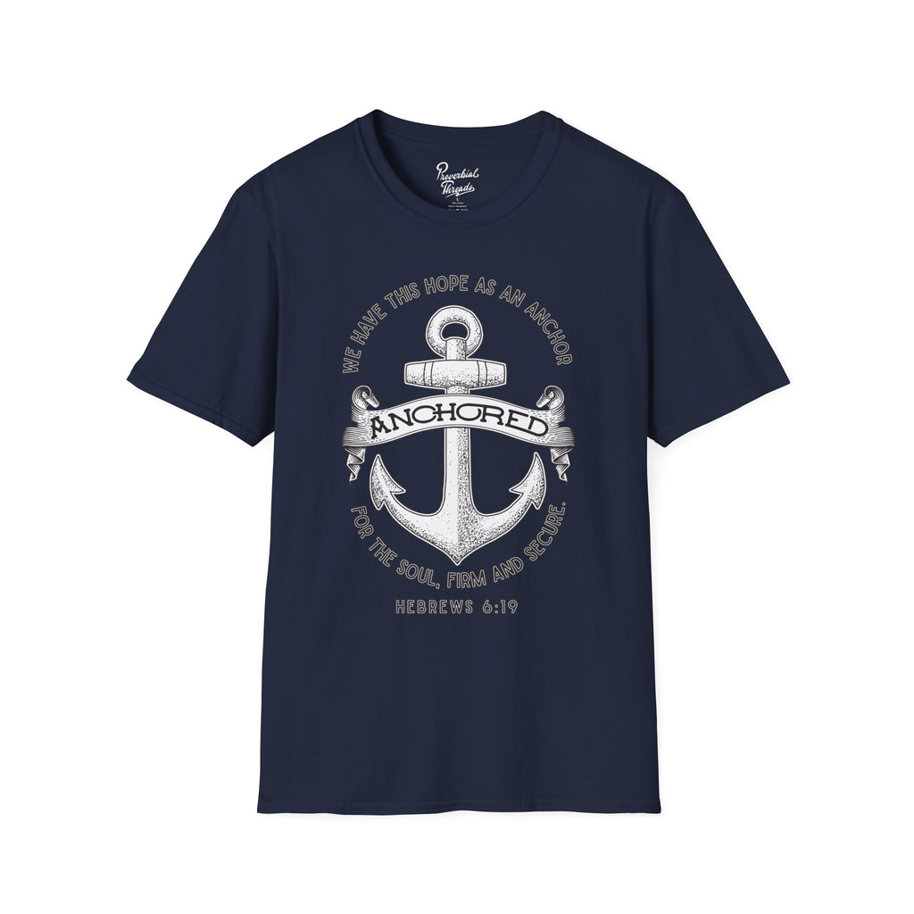 Anchored Shirt – Hebrews 6:19 Christian Nautical Tee Unisex Softstyle T-Shirt, Inspirational Shirt, Faith Apparel, Christian Gift, Bible Verse Tee, Casual Wear