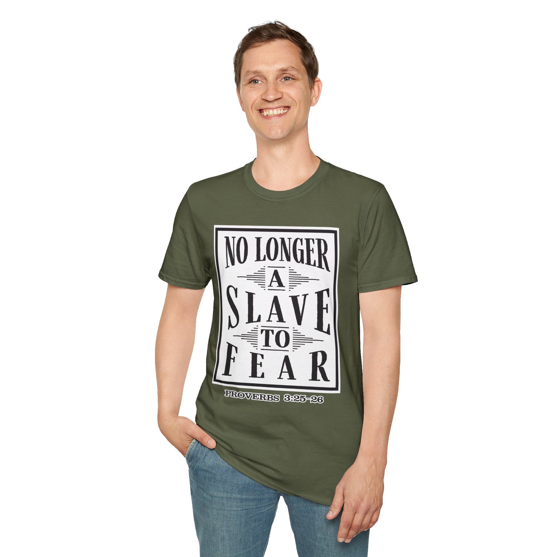 “No Longer a Slave to Fear” Christian T-Shirt – Proverbs 3:25–26 Scripture Tee – Edgy Faith-Based Apparel (Unisex)
