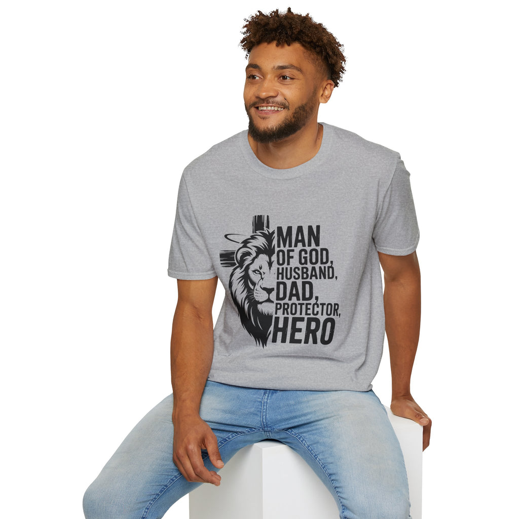 Faith-Inspired Men's T-Shirt - Man of God, Husband, Dad, Protector, Hero - Perfect for Father's Day, Christian Gifts, Casual Wear