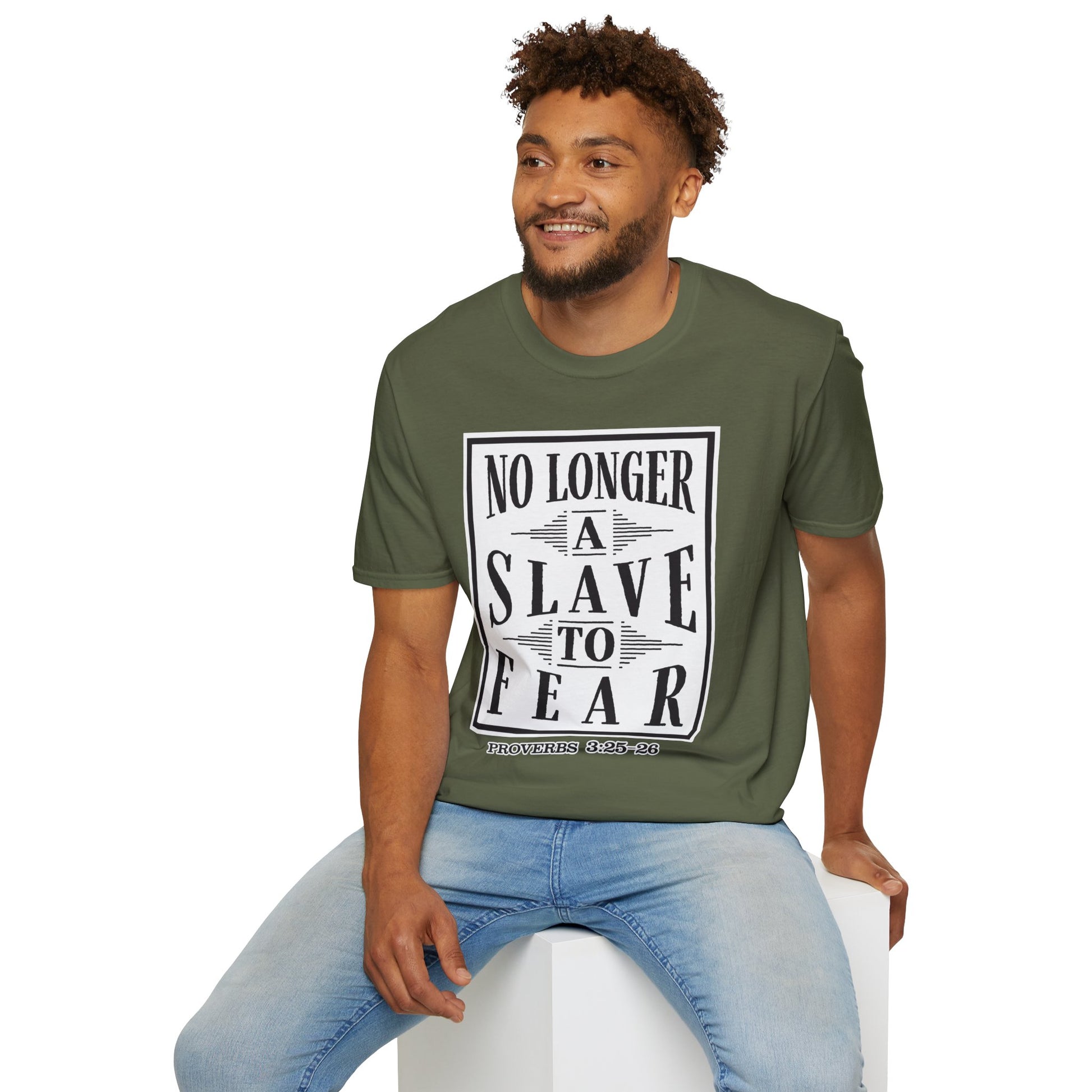 “No Longer a Slave to Fear” Christian T-Shirt – Proverbs 3:25–26 Scripture Tee – Edgy Faith-Based Apparel (Unisex)